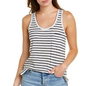 Madewell Striped Knit Cotton Tank Top Chest Pocket Side Slits size XL White Blue